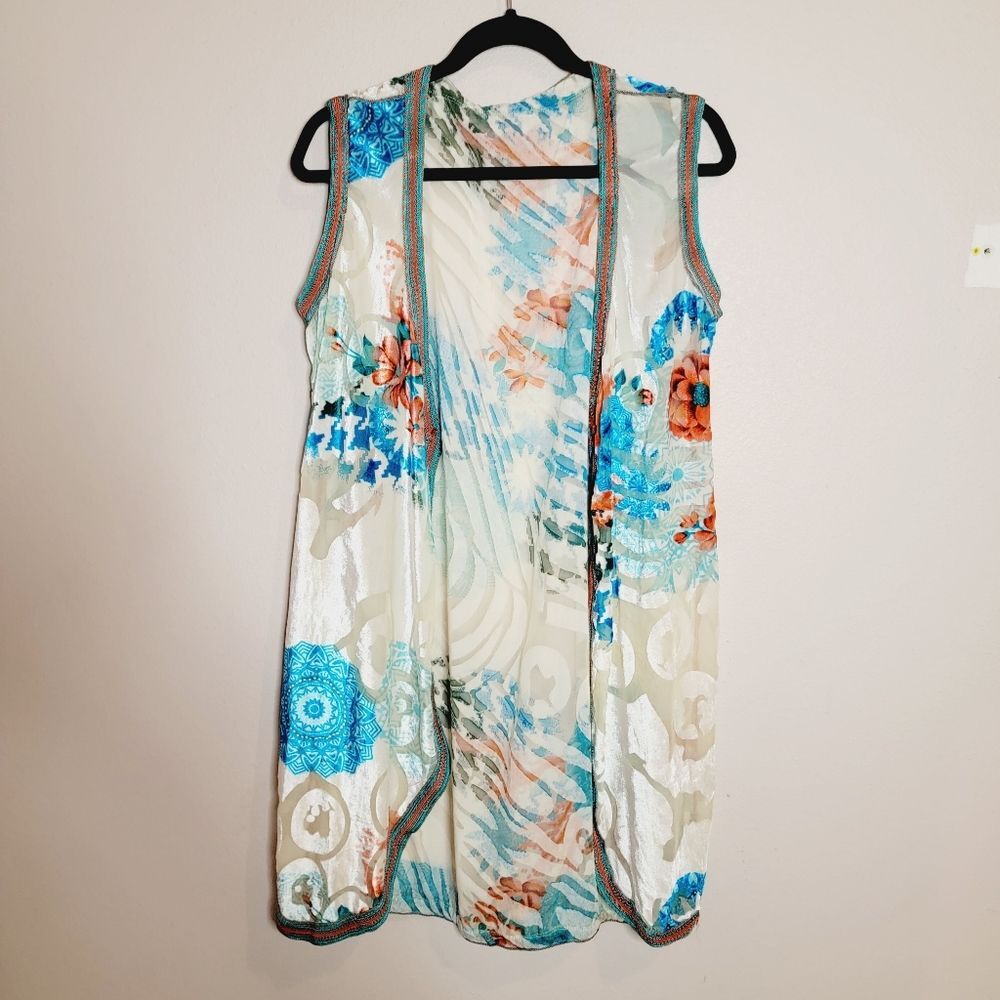 Beautiful Sheer embroidered sleeveless white blue orange bubble kimono Top